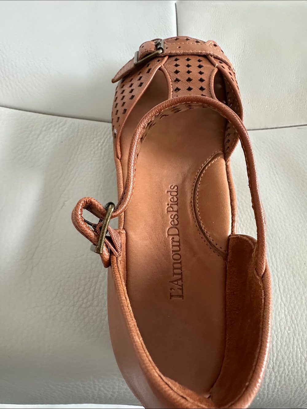 Women's Tan Perforated Buckle Wedge Sandals - Picture 9 of 9